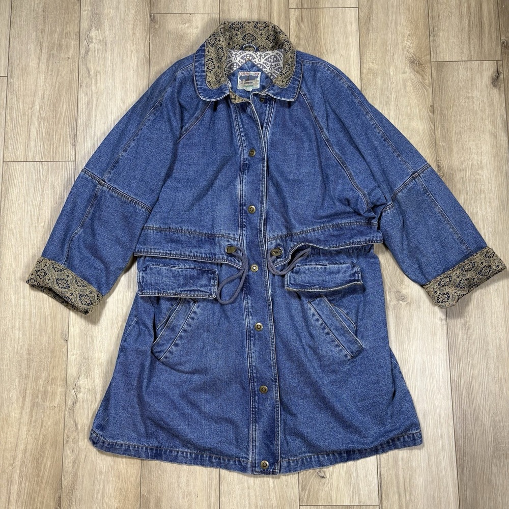 Vtg 80s-90s Current Seen Sz XXL 2X Blue Denim Parka Jacket Heavy Lined Lace Trim